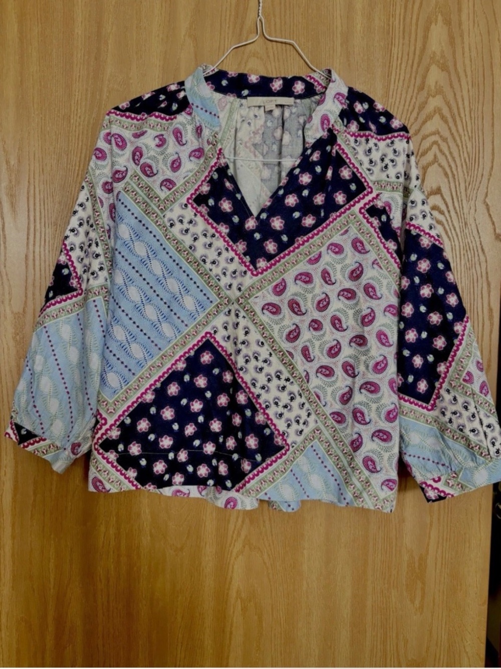 Loft Top Womens Petite Large Colorful Patchwork Boho Peasant Flowy Linen Blend